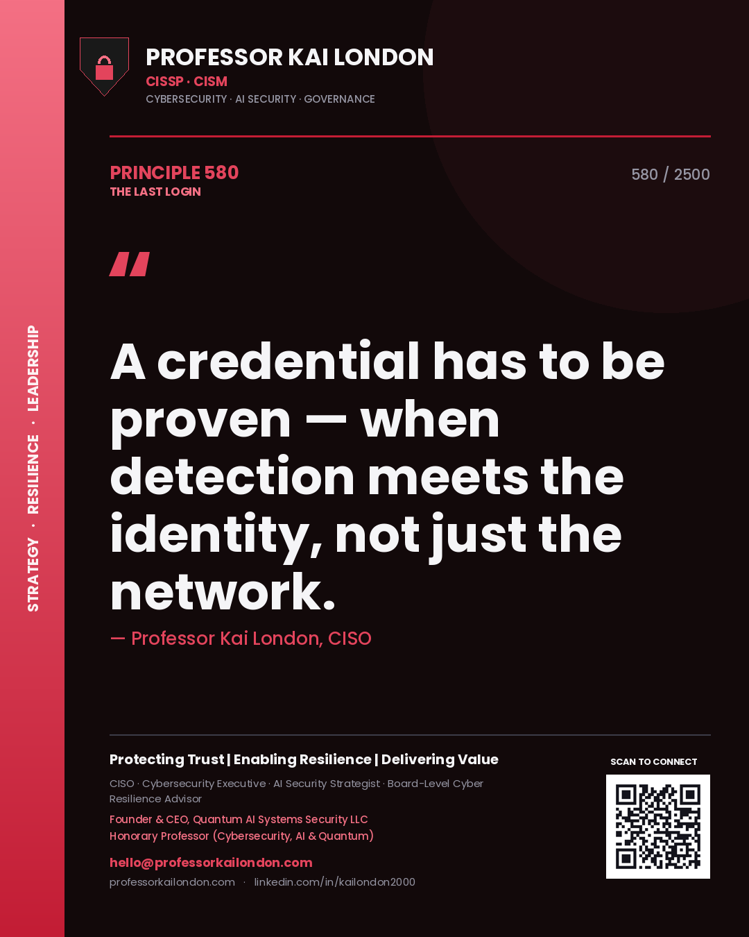 Professor Kai London principle 580: A credential has to be proven — when detection meets the identity, not just the network.
