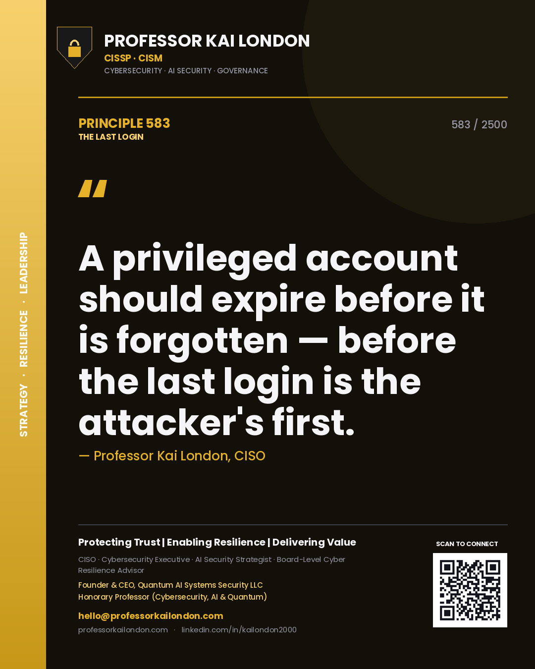 Quote card by Professor Kai London reading 'A privileged account should expire before it is forgotten — before the last login is the attacker's first.'. From the book The Last Login.
