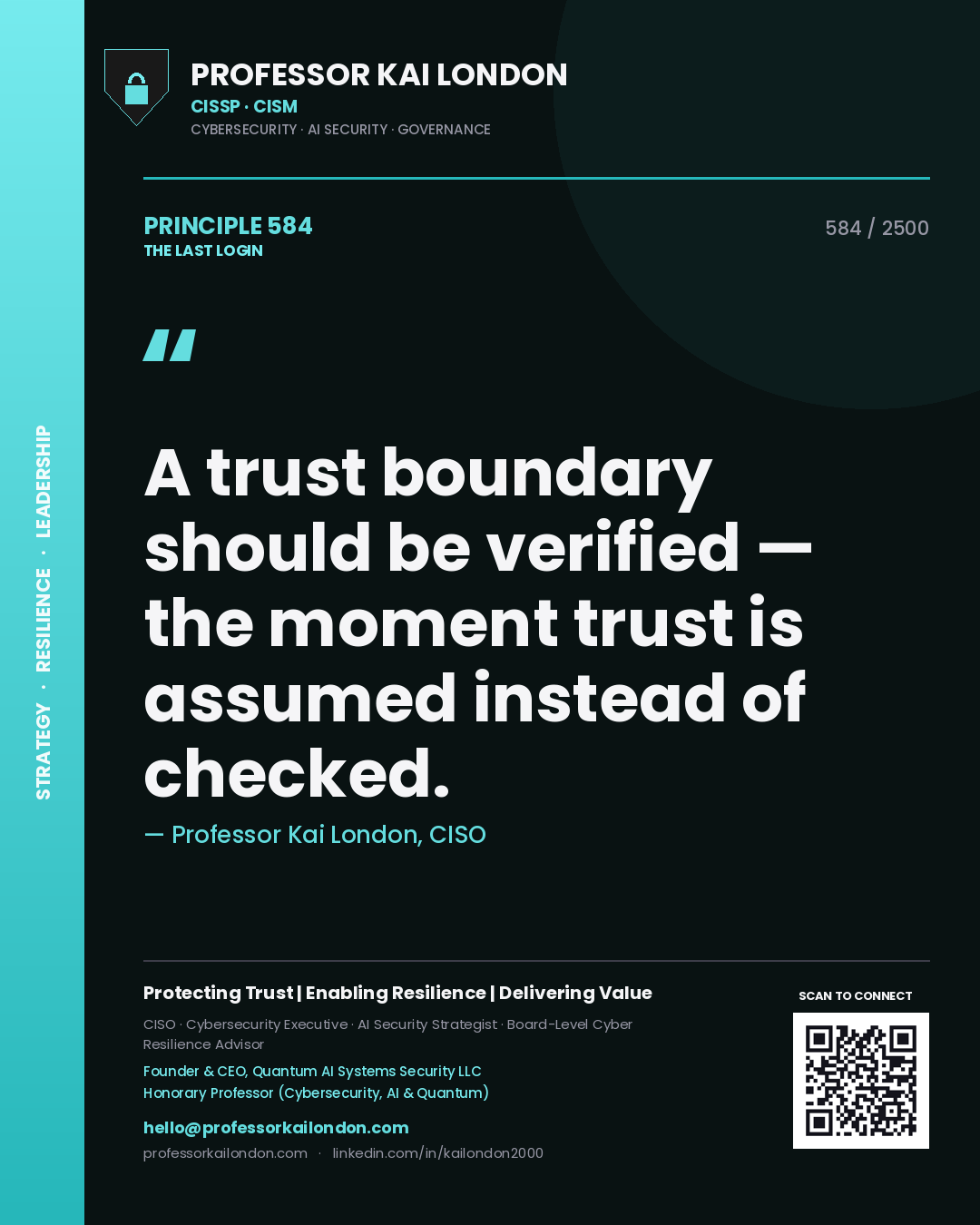 Professor Kai London principle 584: A trust boundary should be verified — the moment trust is assumed instead of checked.