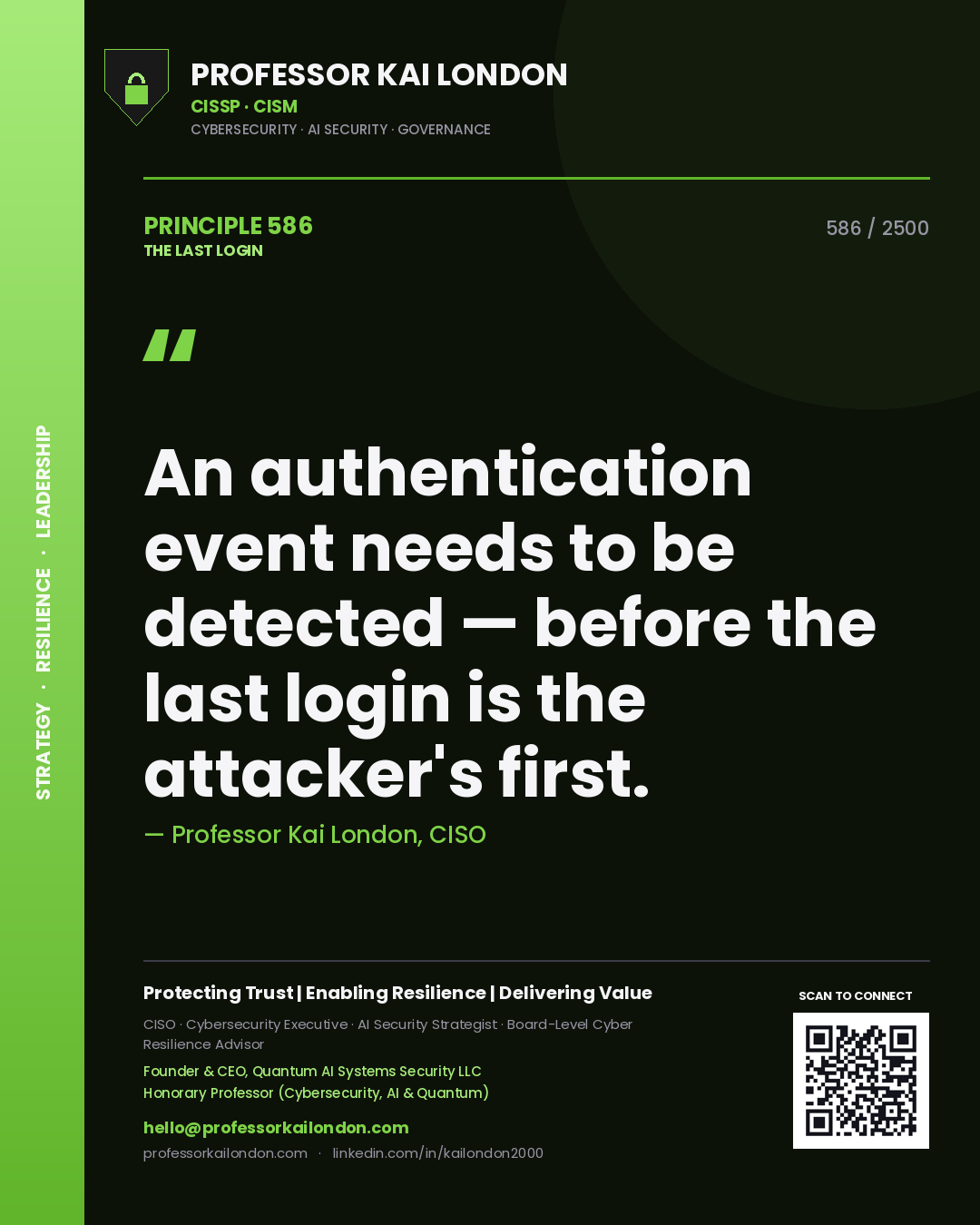 Professor Kai London principle 586: An authentication event needs to be detected — before the last login is the attacker's first.