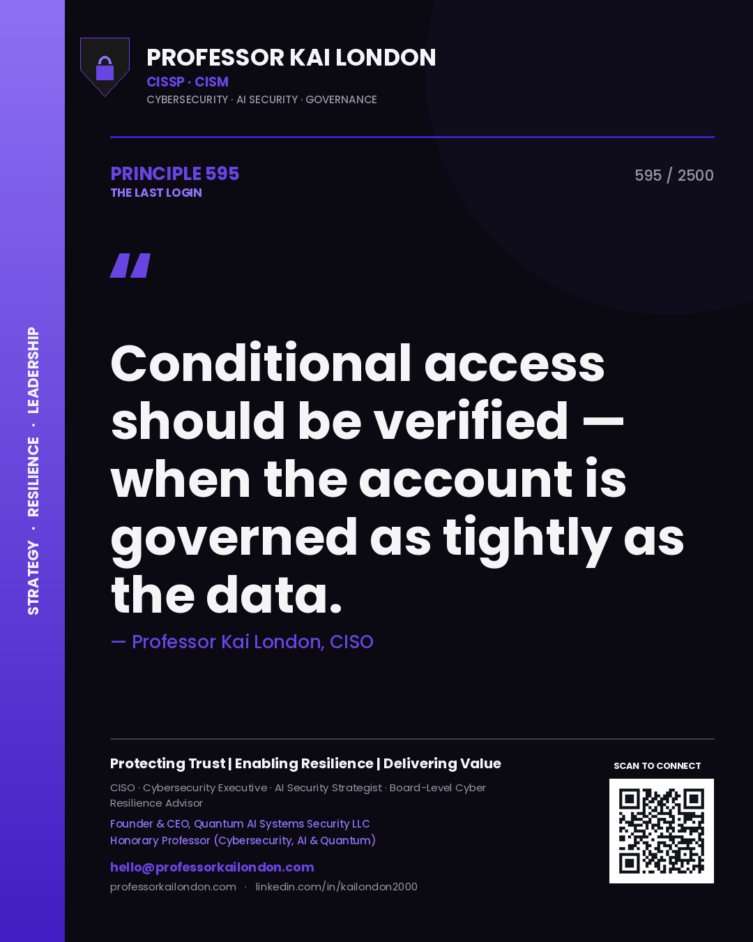 Quote card by Professor Kai London reading 'Conditional access should be verified — when the account is governed as tightly as the data.'. From the book The Last Login.