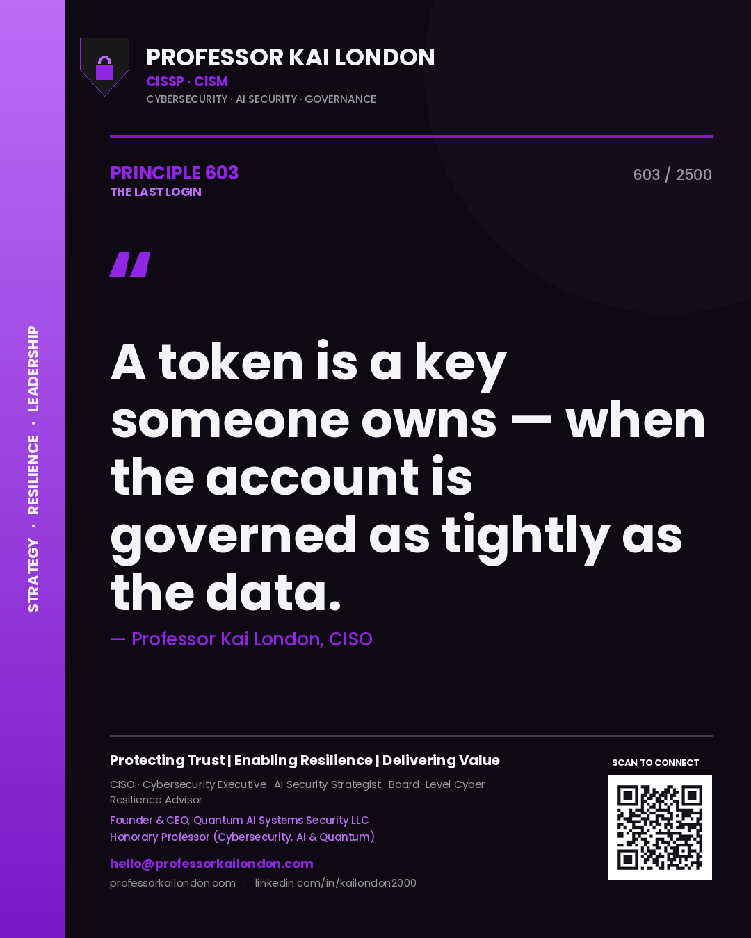 Quote card by Professor Kai London reading 'A token is a key someone owns — when the account is governed as tightly as the data.'. From the book The Last Login.