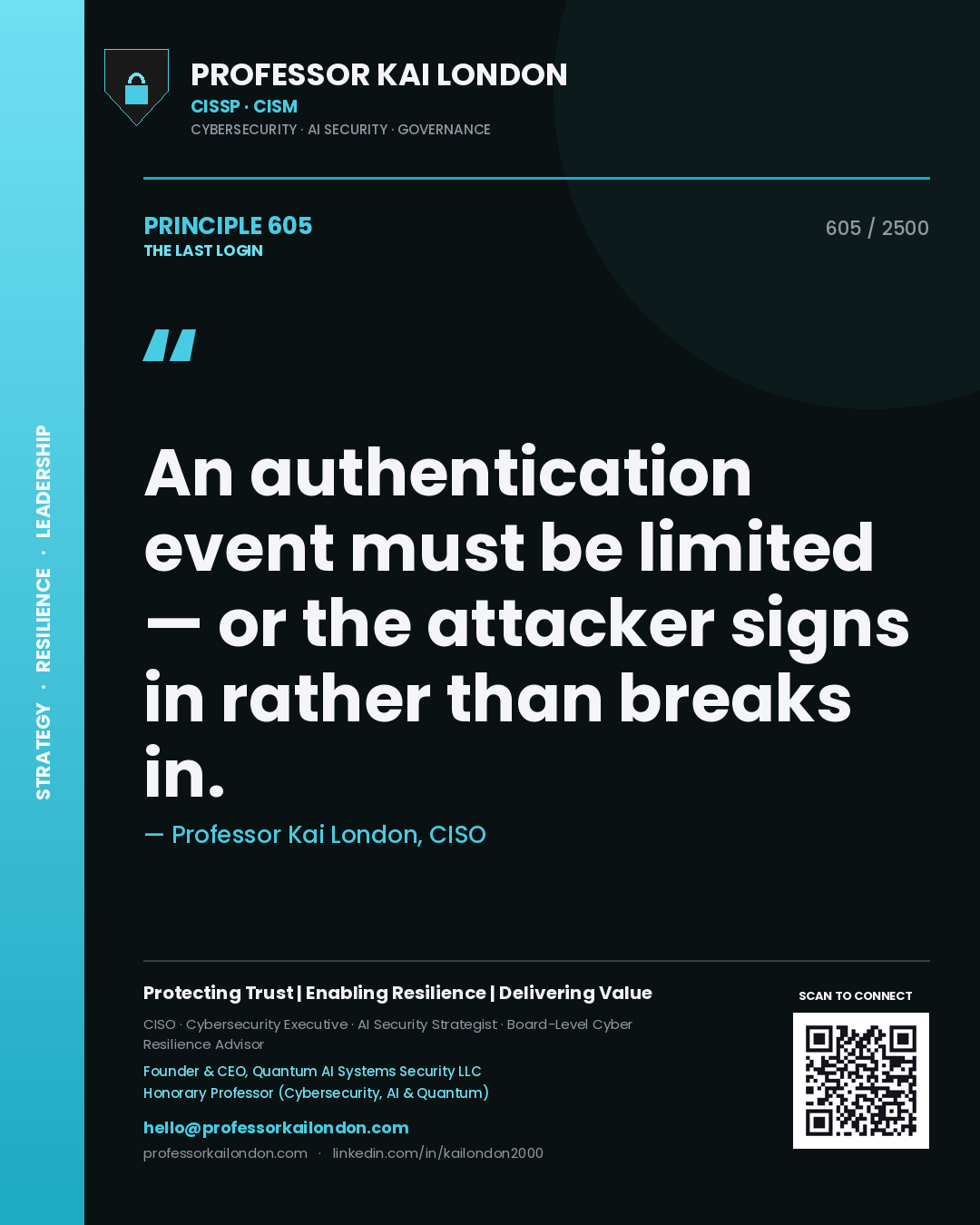Quote card by Professor Kai London reading 'An authentication event must be limited — or the attacker signs in rather than breaks in.'. From the book The Last Login.