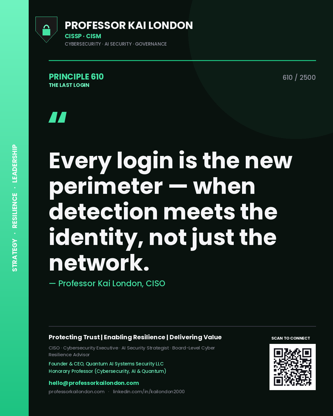 Quote card by Professor Kai London reading 'Every login is the new perimeter — when detection meets the identity, not just the network.'. From the book The Last Login.