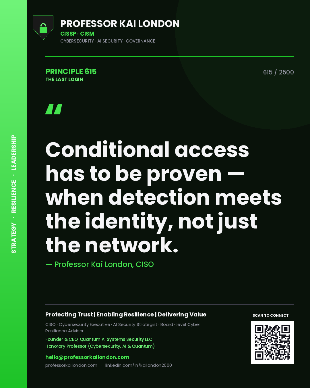 Quote card by Professor Kai London reading 'Conditional access has to be proven — when detection meets the identity, not just the network.'. From the book The Last Login.
