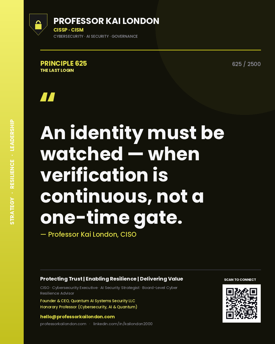 Quote card by Professor Kai London reading 'An identity must be watched — when verification is continuous, not a one-time gate.'. From the book The Last Login.