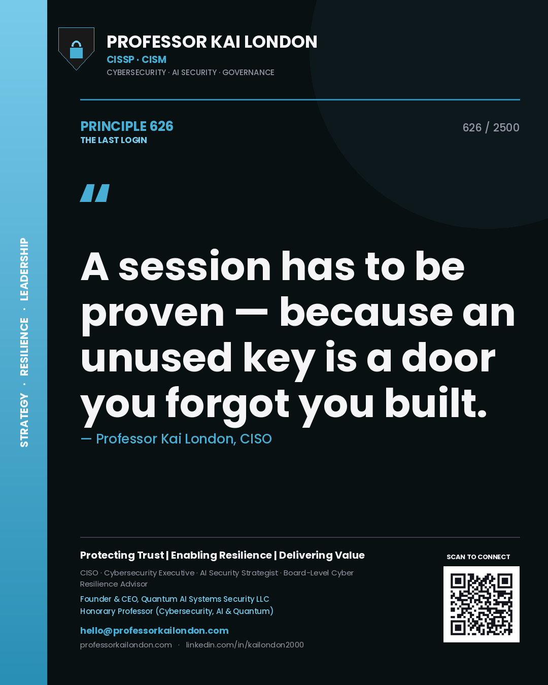 Quote card by Professor Kai London reading 'A session has to be proven — because an unused key is a door you forgot you built.'. From the book The Last Login.
