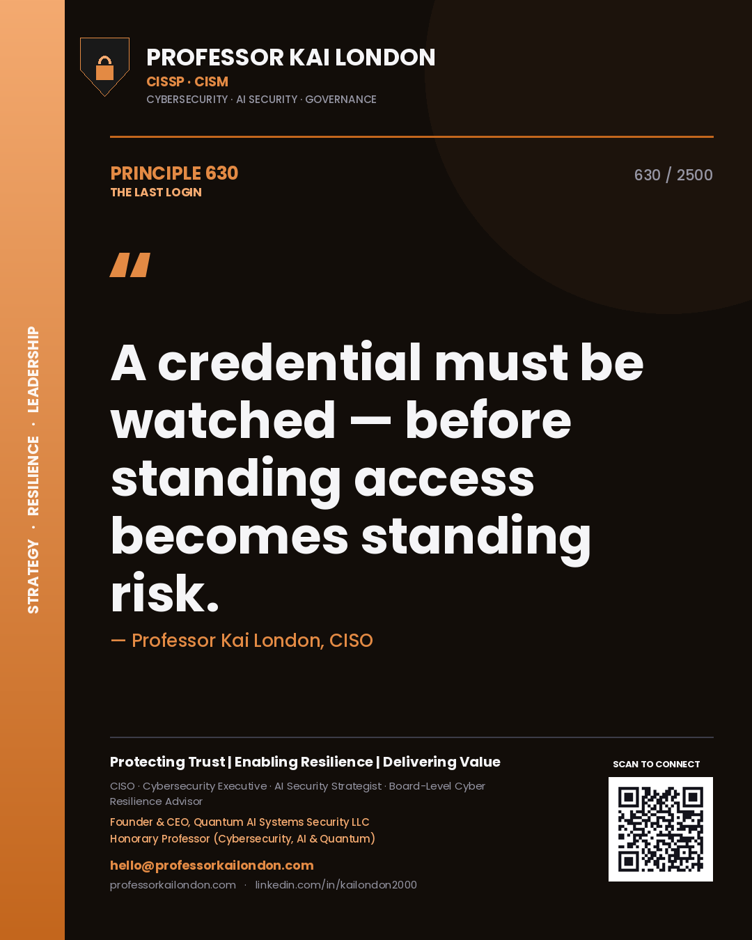 Quote card by Professor Kai London reading 'A credential must be watched — before standing access becomes standing risk.'. From the book The Last Login.
