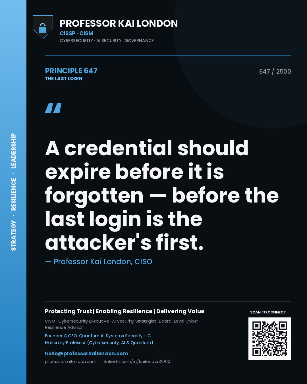 Quote card by Professor Kai London reading 'A credential should expire before it is forgotten — before the last login is the attacker's first.'. From the book The Last Login.