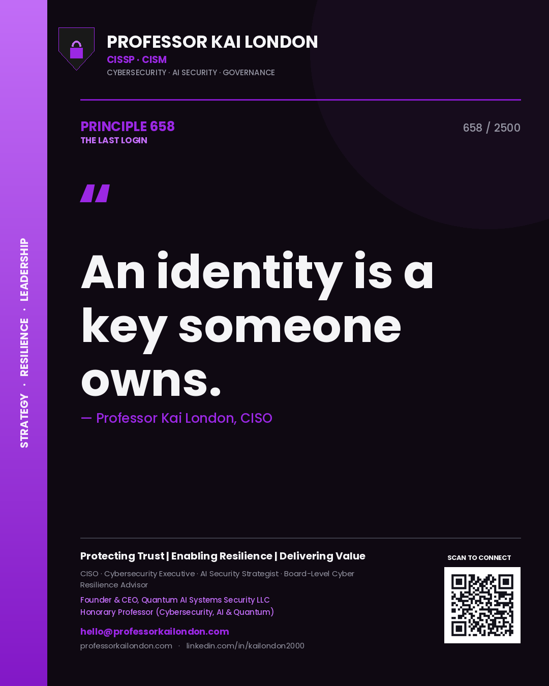 Quote card by Professor Kai London reading 'An identity is a key someone owns.'. From the book The Last Login.