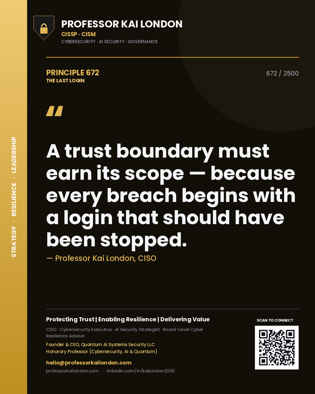 Quote card by Professor Kai London reading 'A trust boundary must earn its scope — because every breach begins with a login that should have been stopped.'. From the book The Last Login.