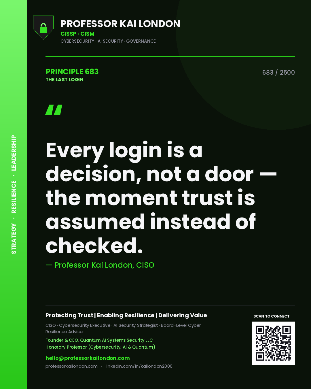 Quote card by Professor Kai London reading 'Every login is a decision, not a door — the moment trust is assumed instead of checked.'. From the book The Last Login.
