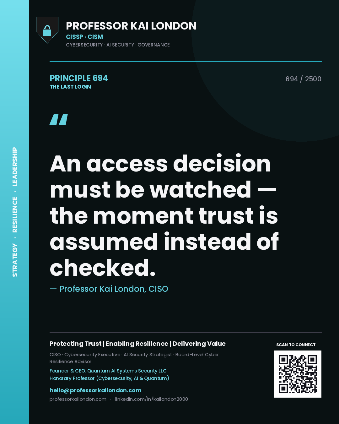 Quote card by Professor Kai London reading 'An access decision must be watched — the moment trust is assumed instead of checked.'. From the book The Last Login.