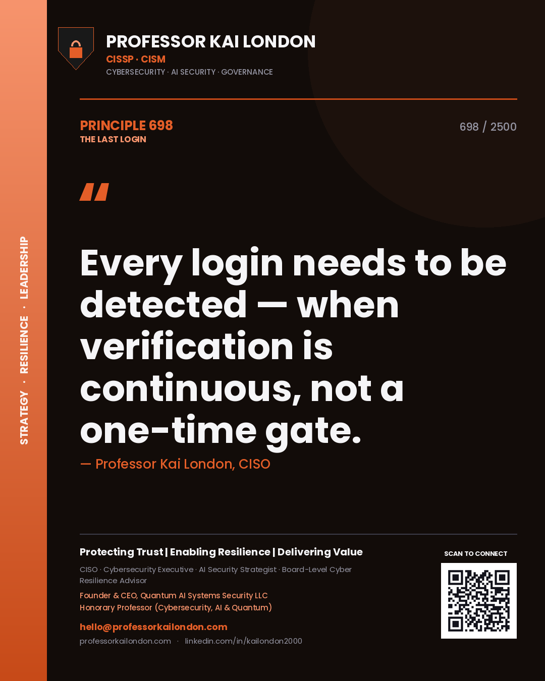 Quote card by Professor Kai London reading 'Every login needs to be detected — when verification is continuous, not a one-time gate.'. From the book The Last Login.