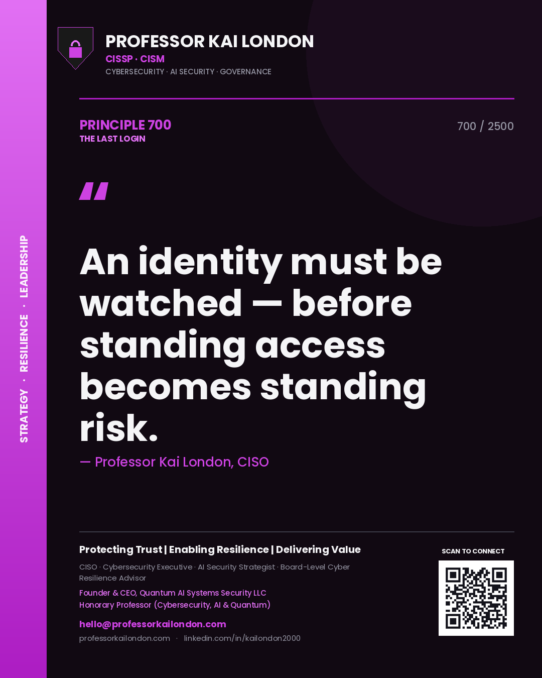 Quote card by Professor Kai London reading 'An identity must be watched — before standing access becomes standing risk.'. From the book The Last Login.