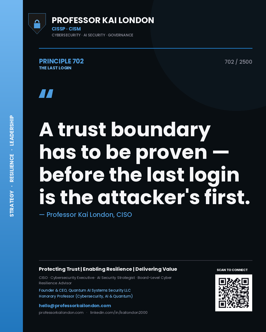 Quote card by Professor Kai London reading 'A trust boundary has to be proven — before the last login is the attacker's first.'. From the book The Last Login.