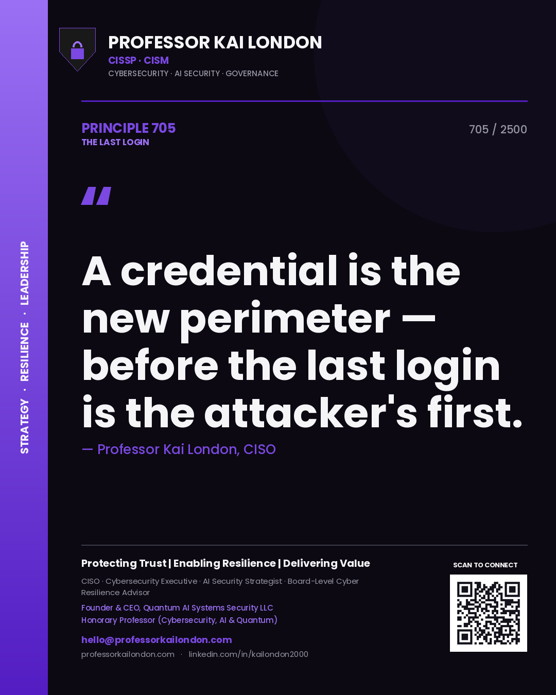 Quote card by Professor Kai London reading 'A credential is the new perimeter — before the last login is the attacker's first.'. From the book The Last Login.