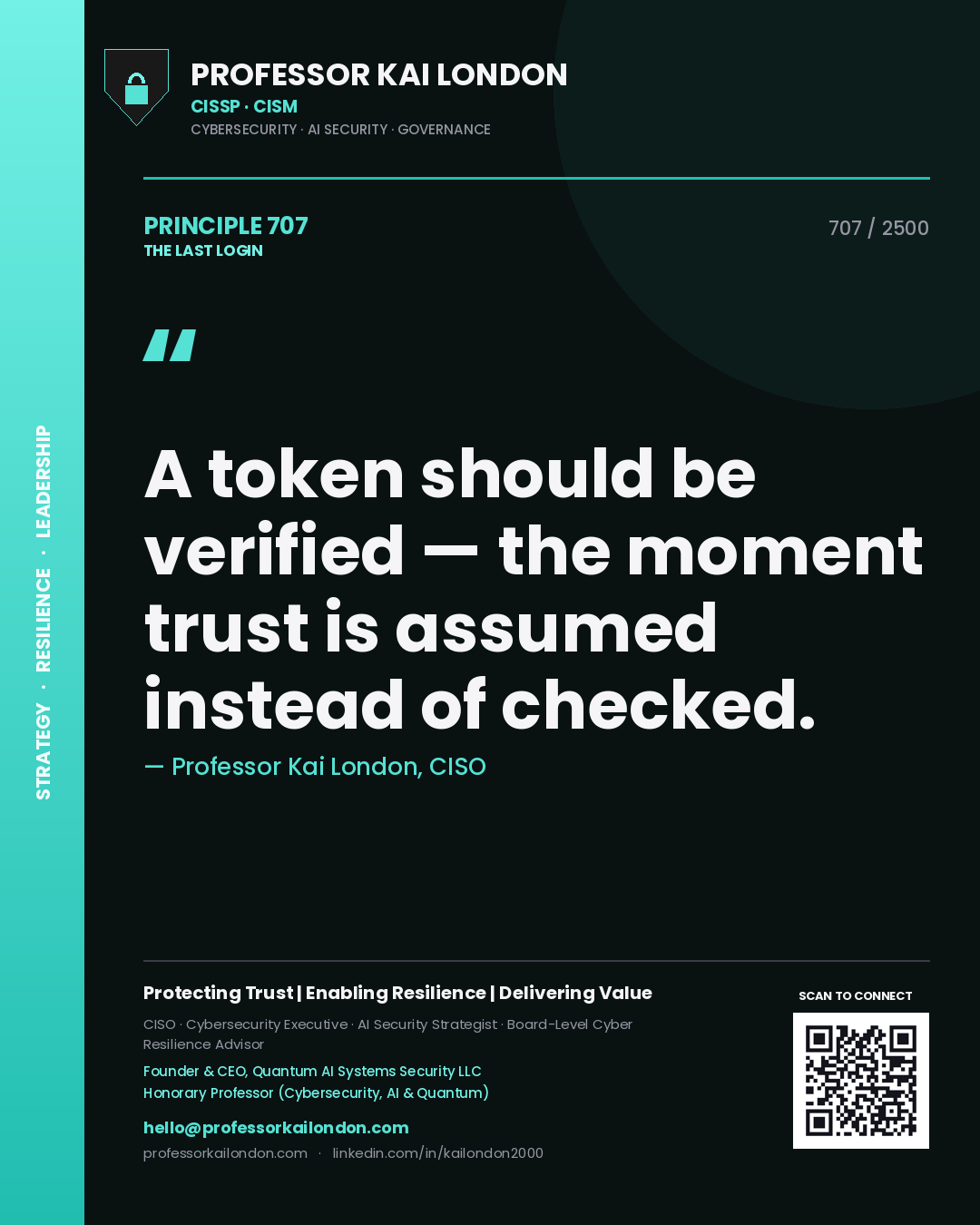 Quote card by Professor Kai London reading 'A token should be verified — the moment trust is assumed instead of checked.'. From the book The Last Login.
