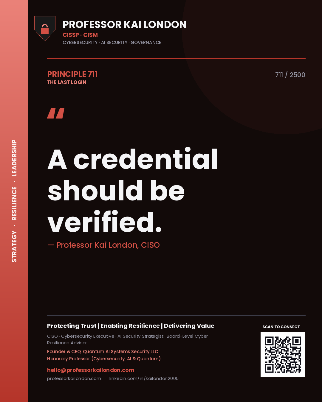 Quote card by Professor Kai London reading 'A credential should be verified.'. From the book The Last Login.
