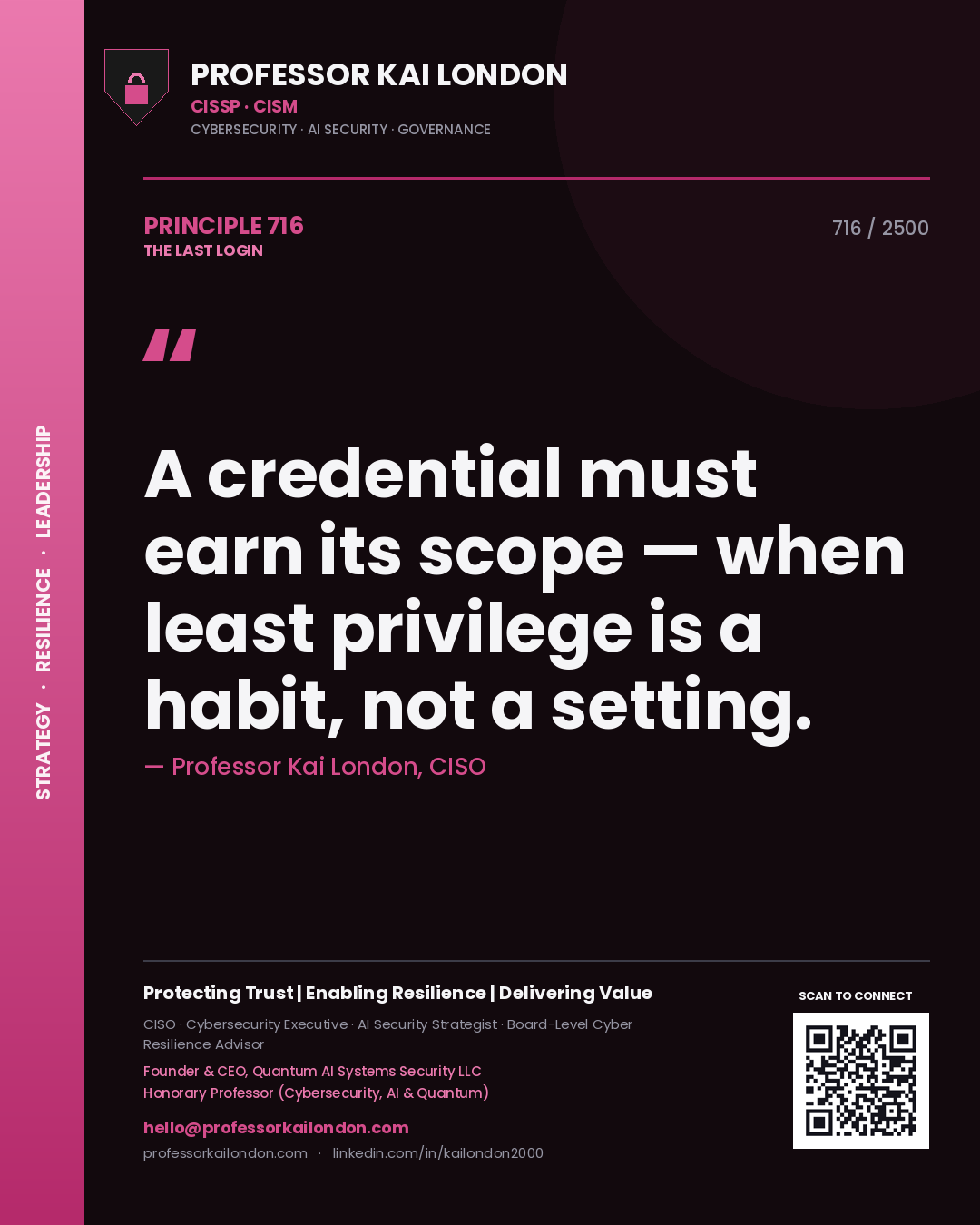 Professor Kai London principle 716: A credential must earn its scope — when least privilege is a habit, not a setting.