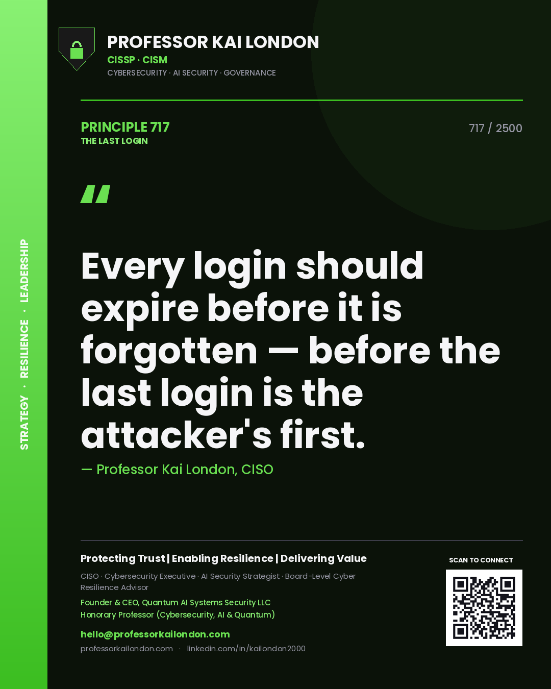 Quote card by Professor Kai London reading 'Every login should expire before it is forgotten — before the last login is the attacker's first.'. From the book The Last Login.