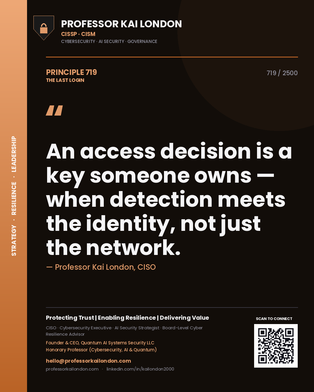 Quote card by Professor Kai London reading 'An access decision is a key someone owns — when detection meets the identity, not just the network.'. From the book The Last Login.