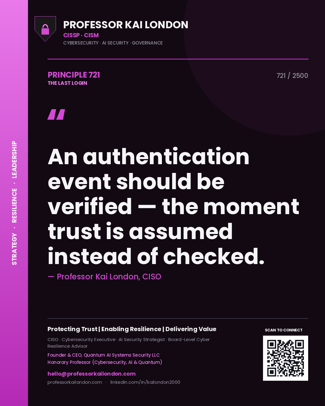 Professor Kai London principle 721: An authentication event should be verified — the moment trust is assumed instead of checked.