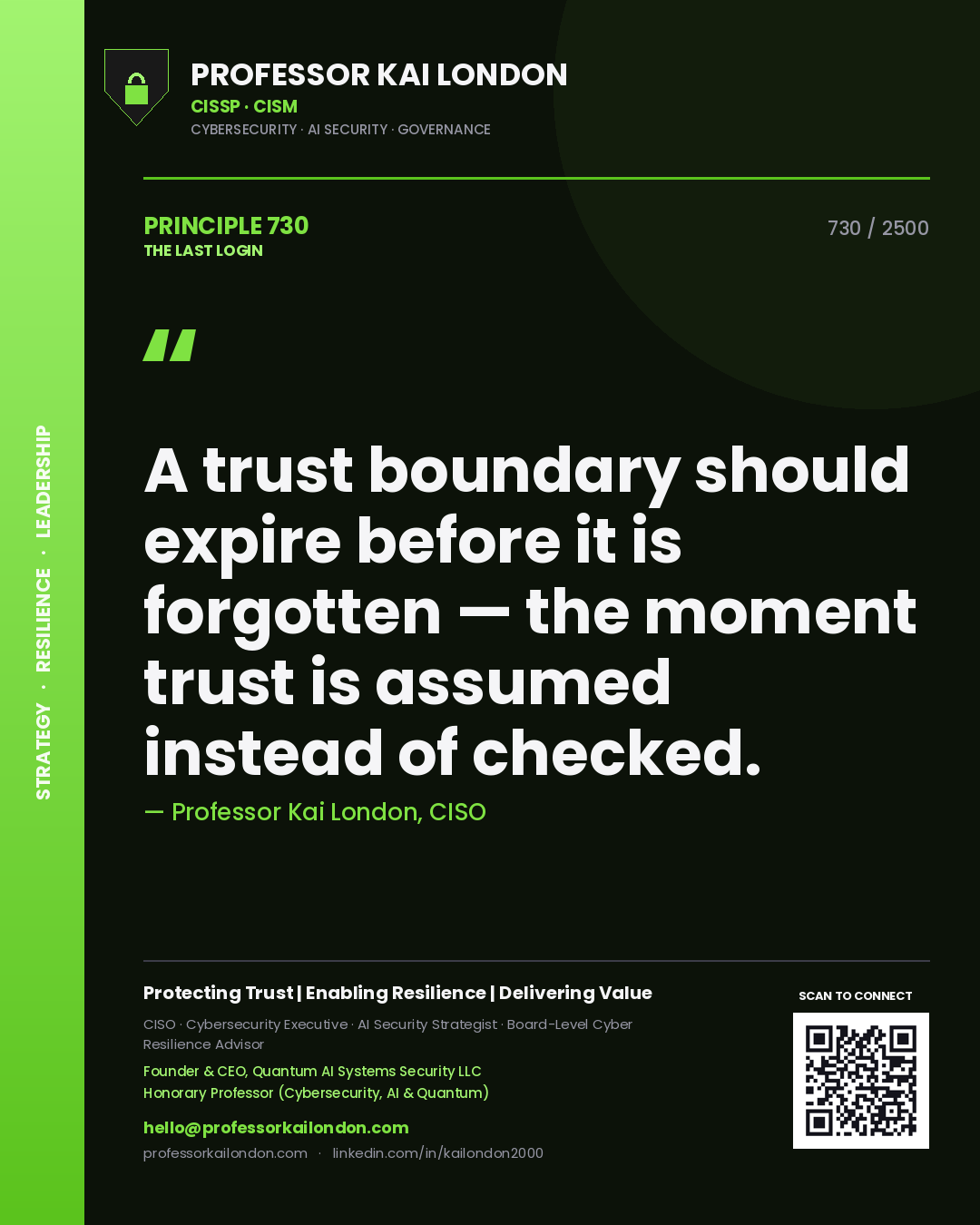 Quote card by Professor Kai London reading 'A trust boundary should expire before it is forgotten — the moment trust is assumed instead of checked.'. From the book The Last Login.