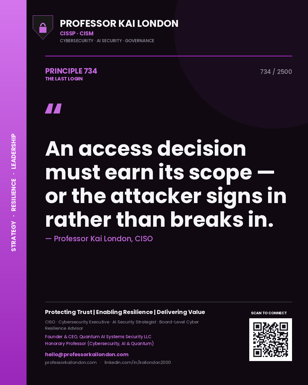 Professor Kai London principle 734: An access decision must earn its scope — or the attacker signs in rather than breaks in.