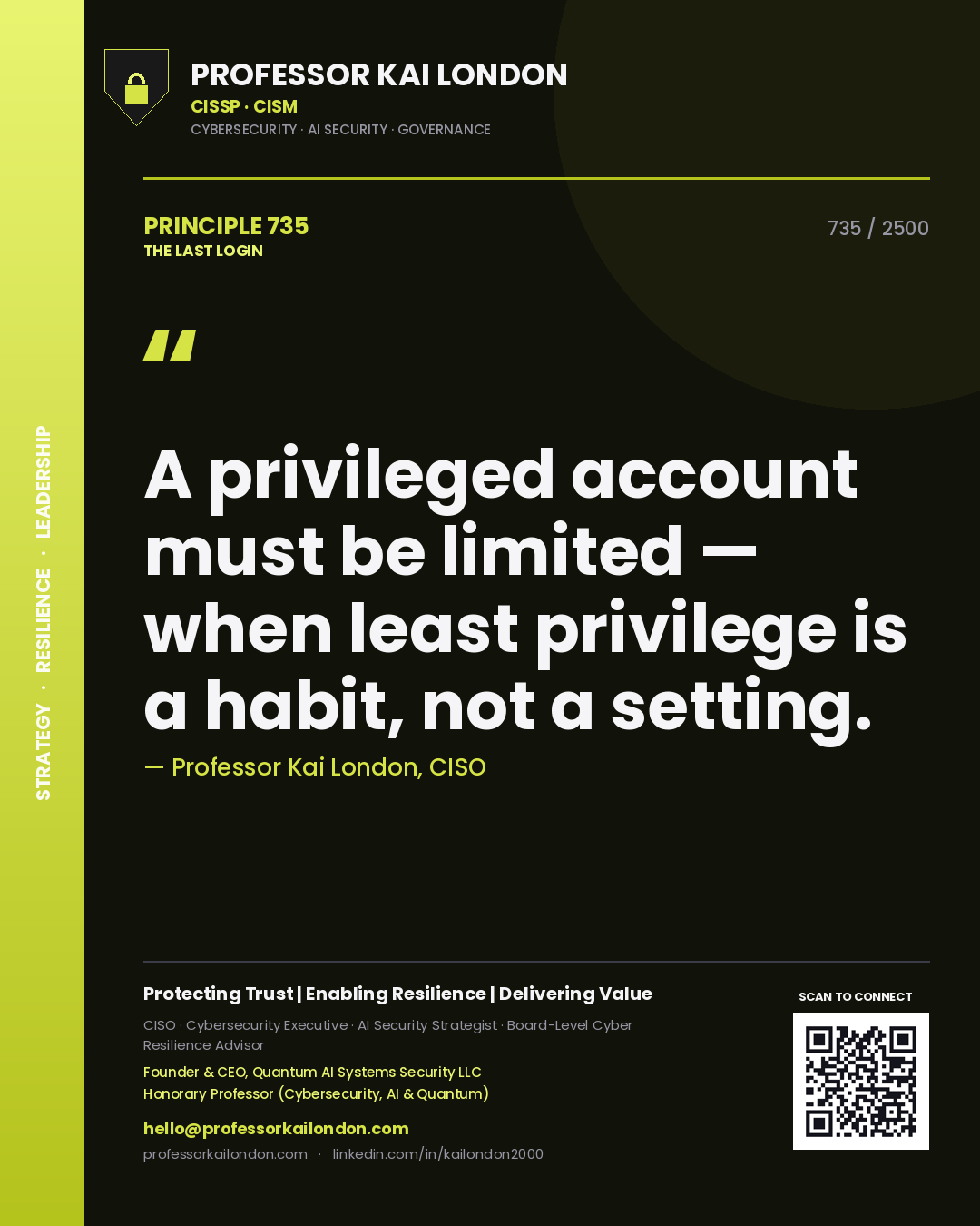 Professor Kai London principle 735: A privileged account must be limited — when least privilege is a habit, not a setting.