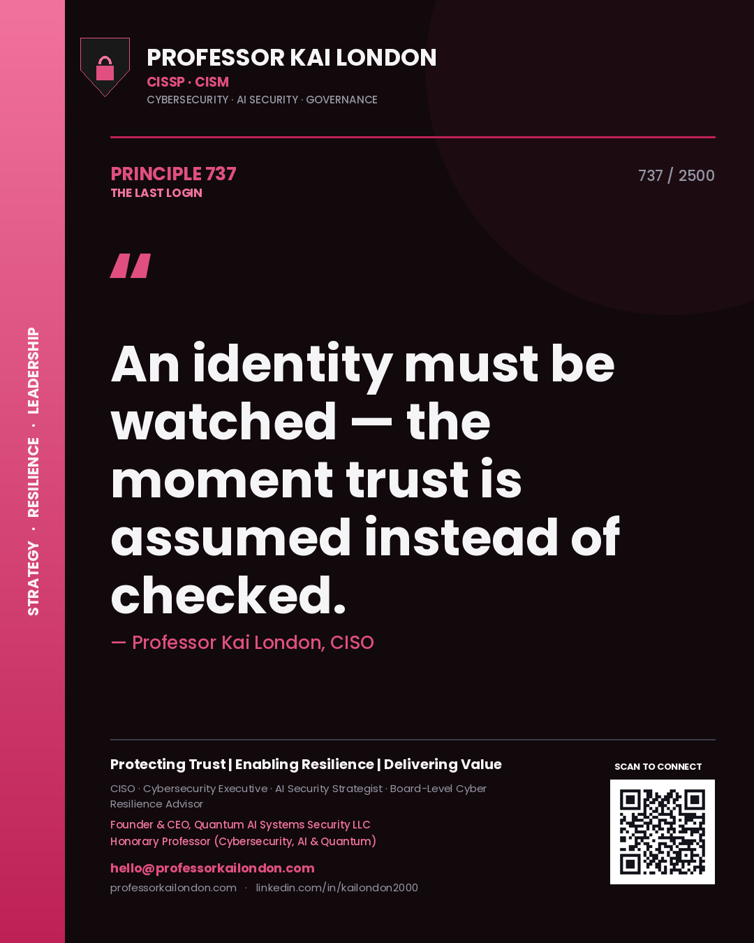 Professor Kai London principle 737: An identity must be watched — the moment trust is assumed instead of checked.