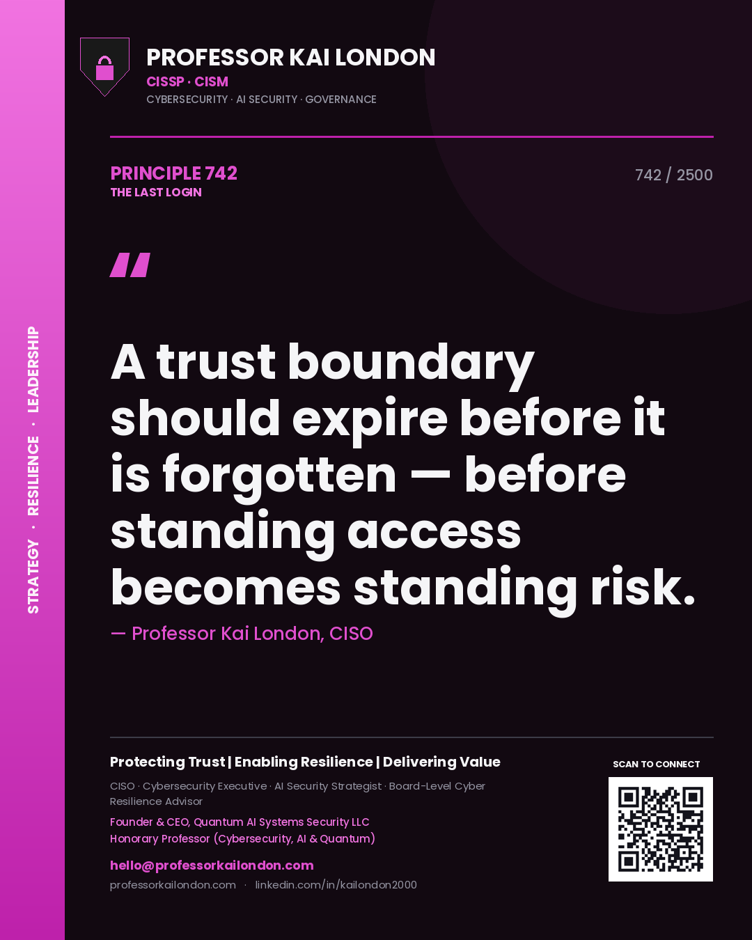 Quote card by Professor Kai London reading 'A trust boundary should expire before it is forgotten — before standing access becomes standing risk.'. From the book The Last Login.