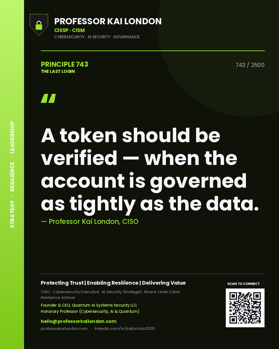 Quote card by Professor Kai London reading 'A token should be verified — when the account is governed as tightly as the data.'. From the book The Last Login.