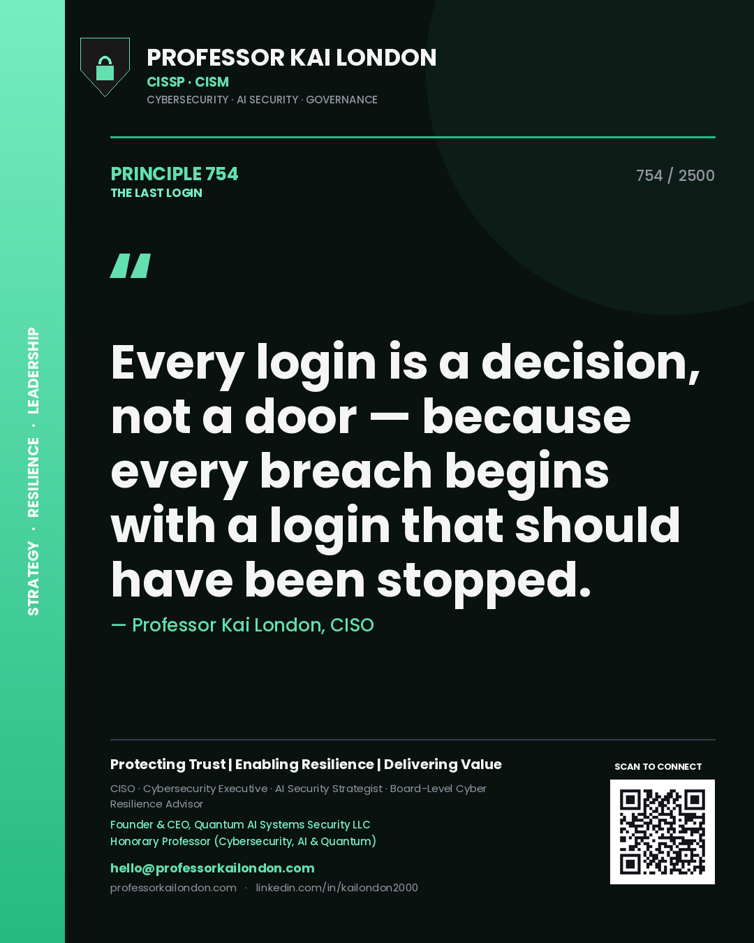 Quote card by Professor Kai London reading 'Every login is a decision, not a door — because every breach begins with a login that should have been stopped.'. From the book The Last Login.