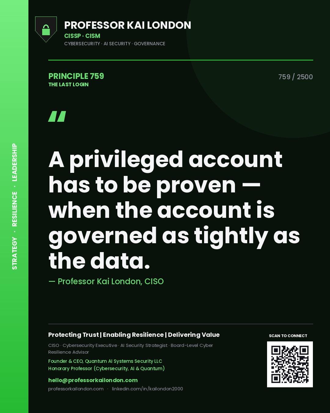 Quote card by Professor Kai London reading 'A privileged account has to be proven — when the account is governed as tightly as the data.'. From the book The Last Login.