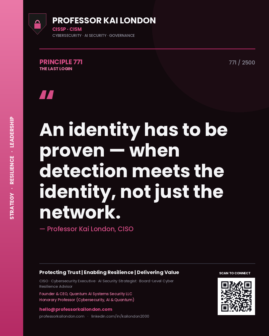 Quote card by Professor Kai London reading 'An identity has to be proven — when detection meets the identity, not just the network.'. From the book The Last Login.