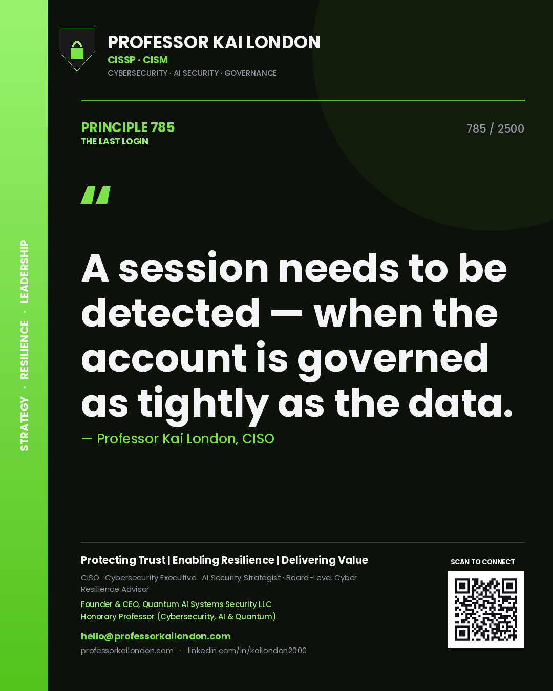 Quote card by Professor Kai London reading 'A session needs to be detected — when the account is governed as tightly as the data.'. From the book The Last Login.