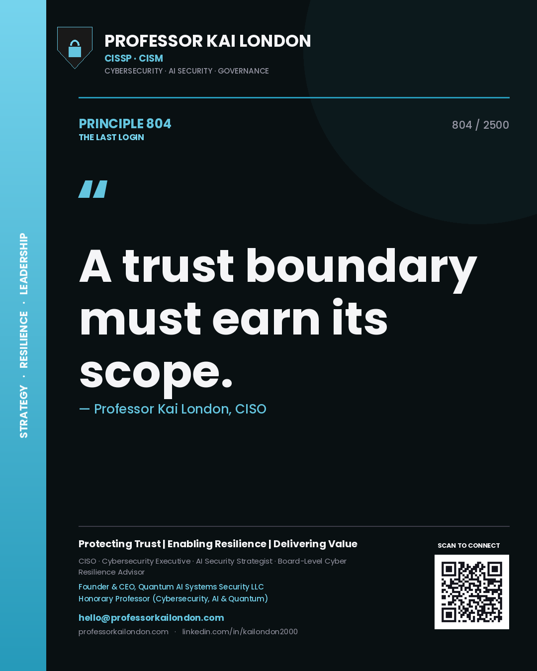 Quote card by Professor Kai London reading 'A trust boundary must earn its scope.'. From the book The Last Login.