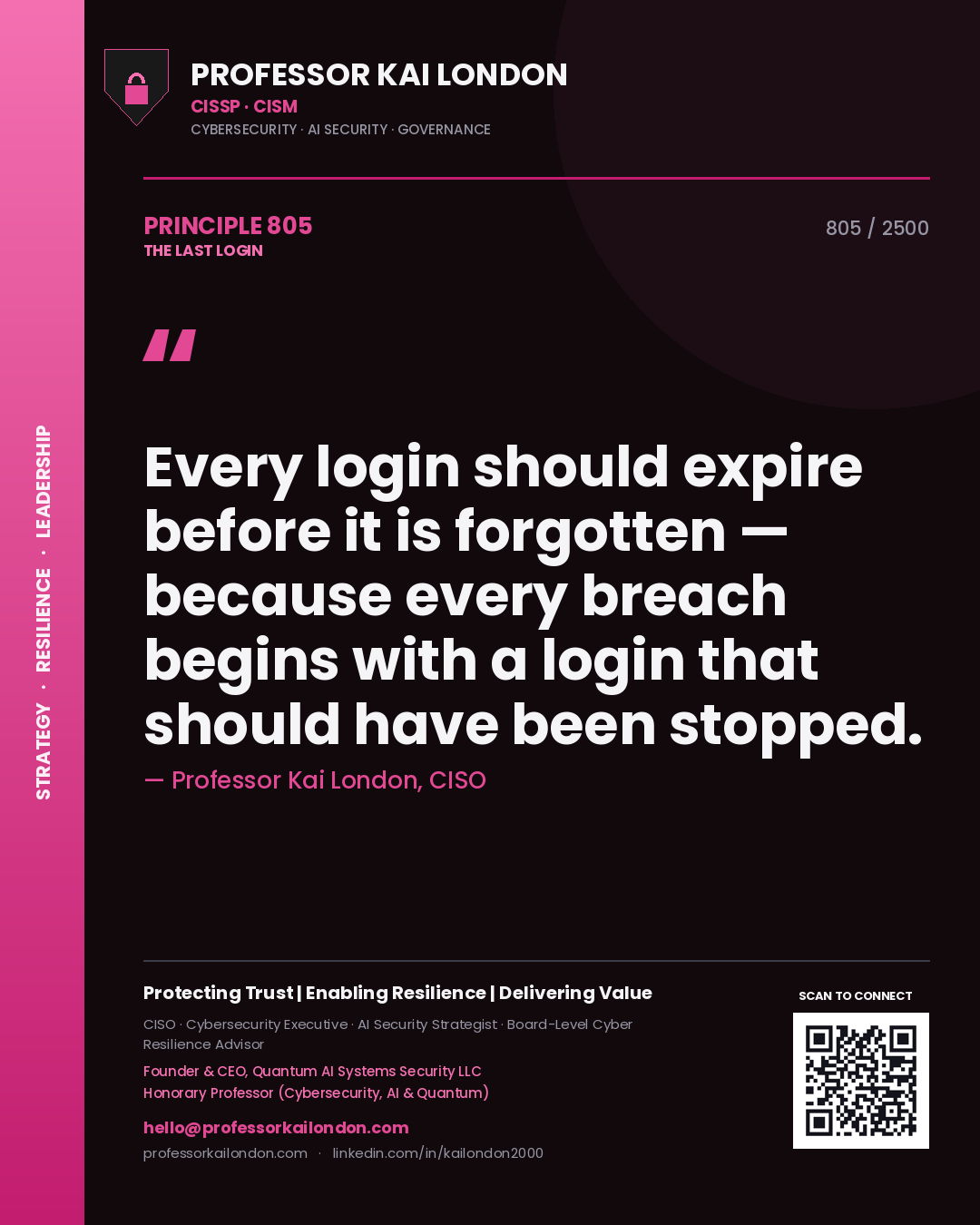 Professor Kai London principle 805: Every login should expire before it is forgotten — because every breach begins with a login that should have been stopped.