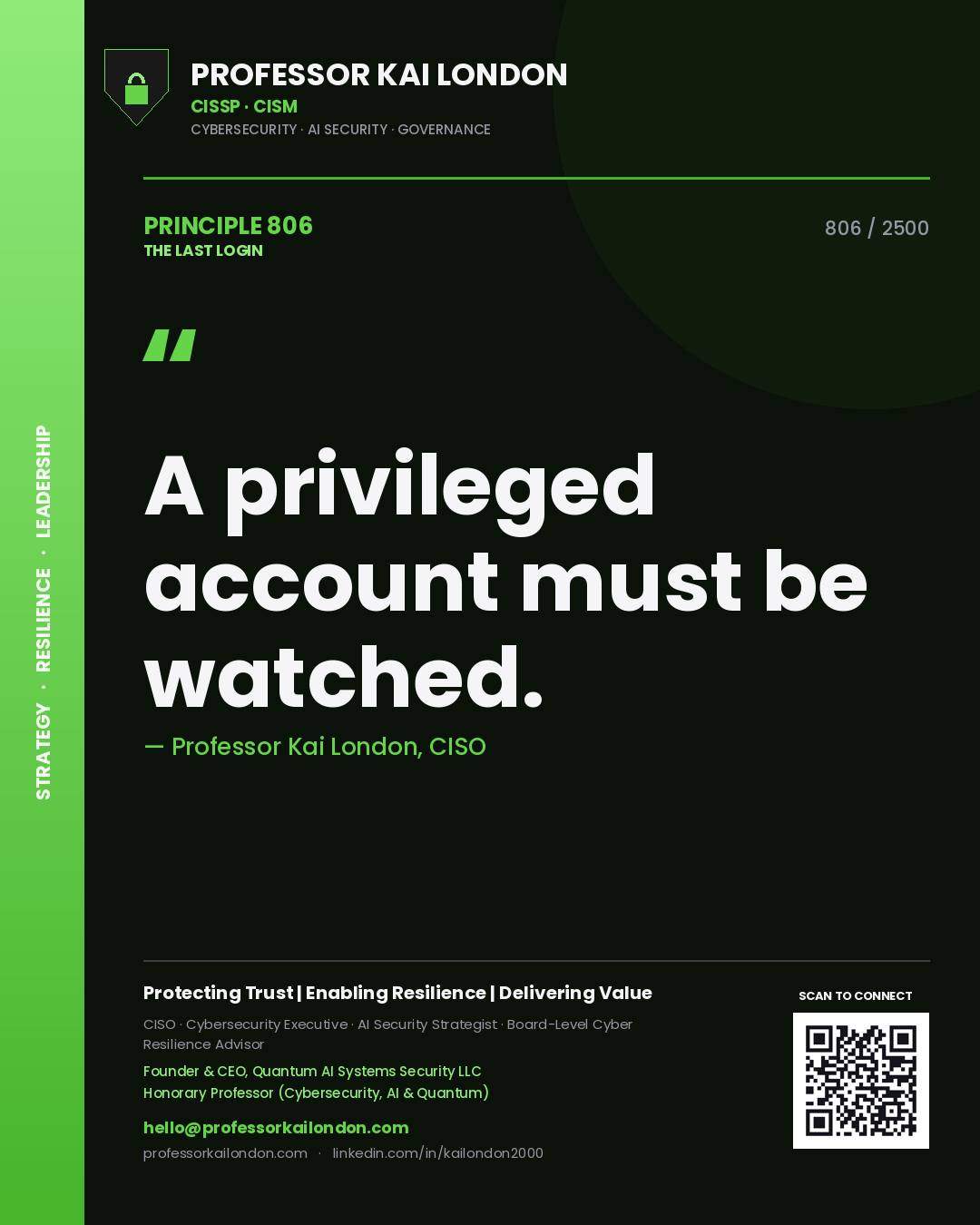 Quote card by Professor Kai London reading 'A privileged account must be watched.'. From the book The Last Login.