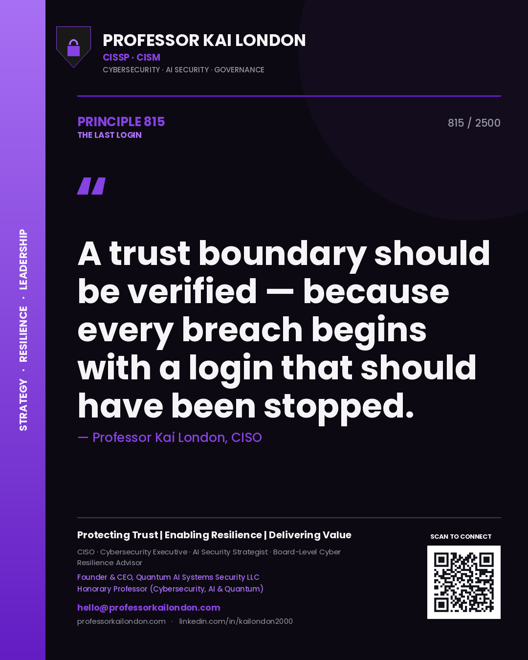 Professor Kai London principle 815: A trust boundary should be verified — because every breach begins with a login that should have been stopped.
