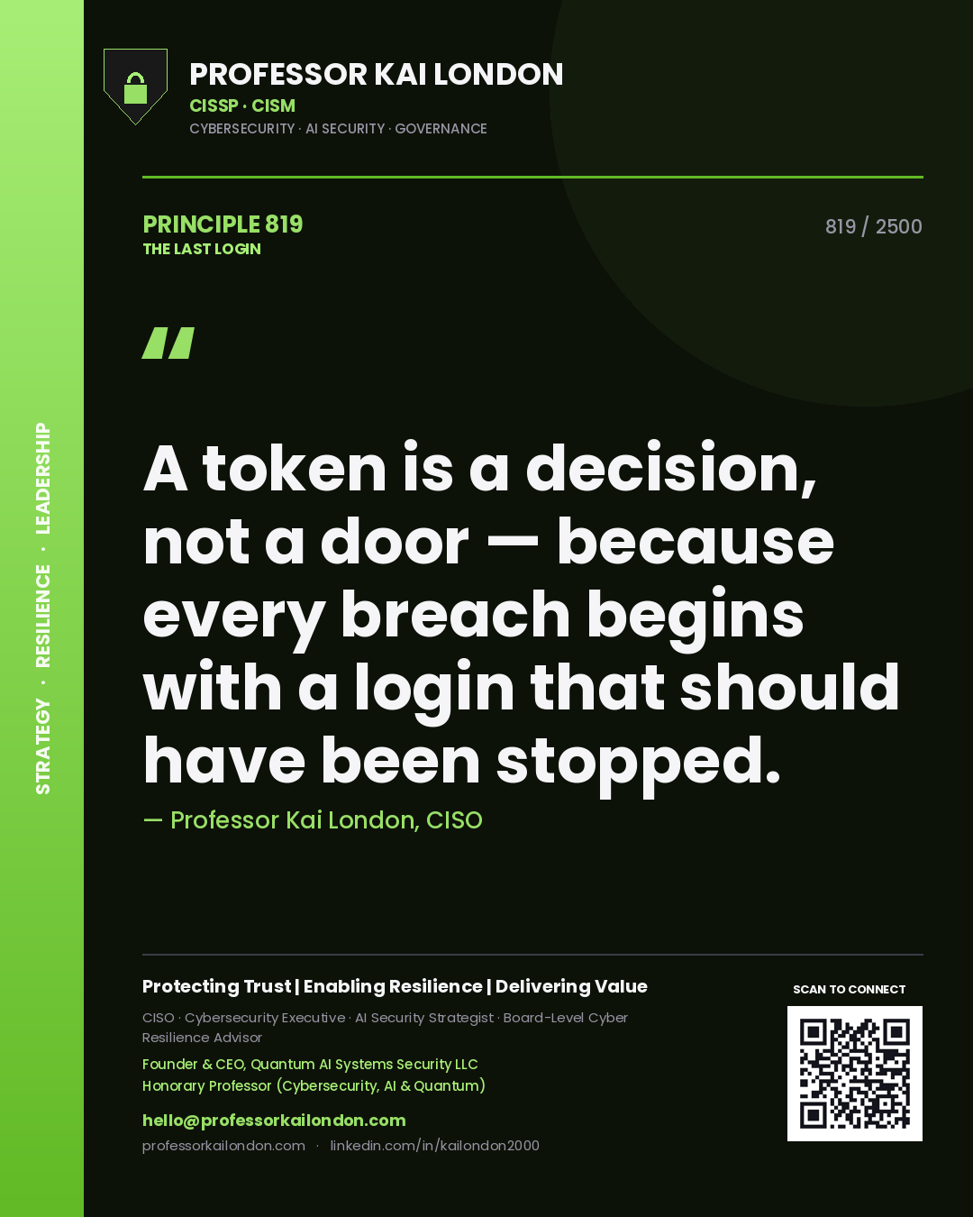 Quote card by Professor Kai London reading 'A token is a decision, not a door — because every breach begins with a login that should have been stopped.'. From the book The Last Login.