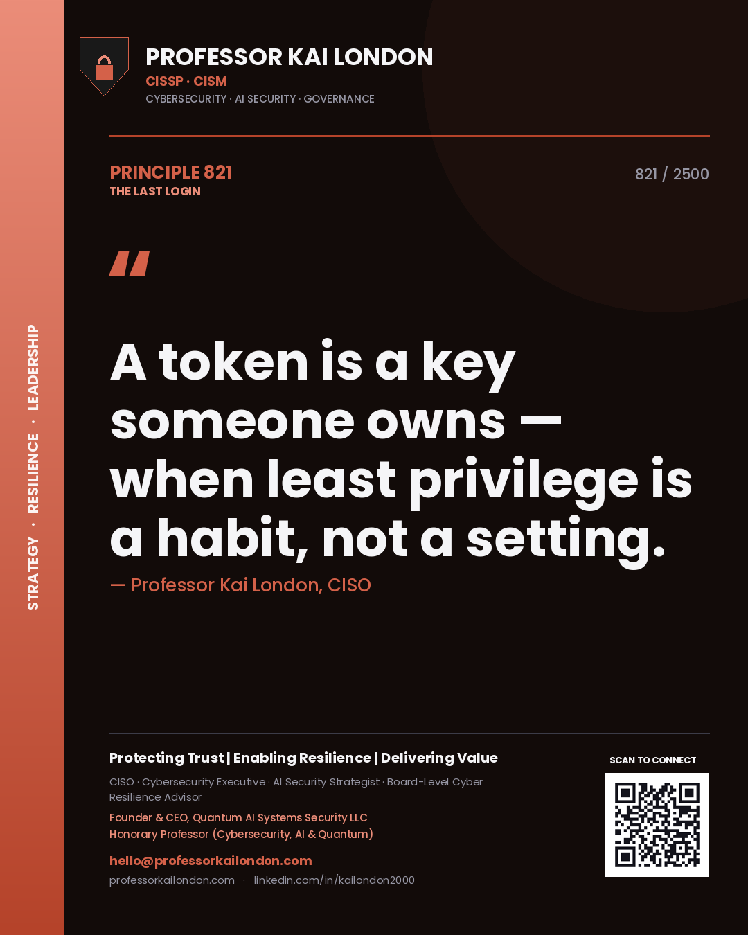 Quote card by Professor Kai London reading 'A token is a key someone owns — when least privilege is a habit, not a setting.'. From the book The Last Login.