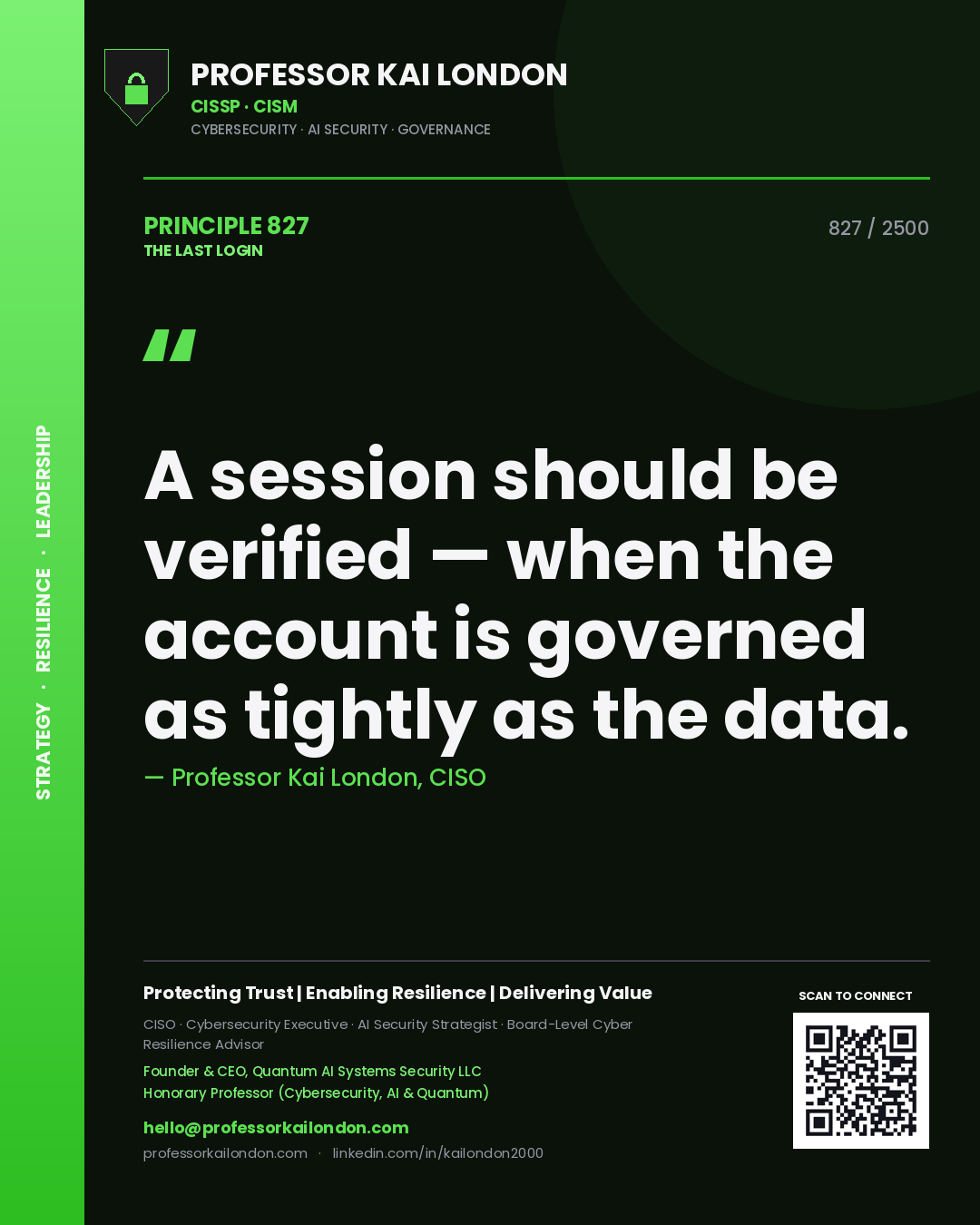 Quote card by Professor Kai London reading 'A session should be verified — when the account is governed as tightly as the data.'. From the book The Last Login.