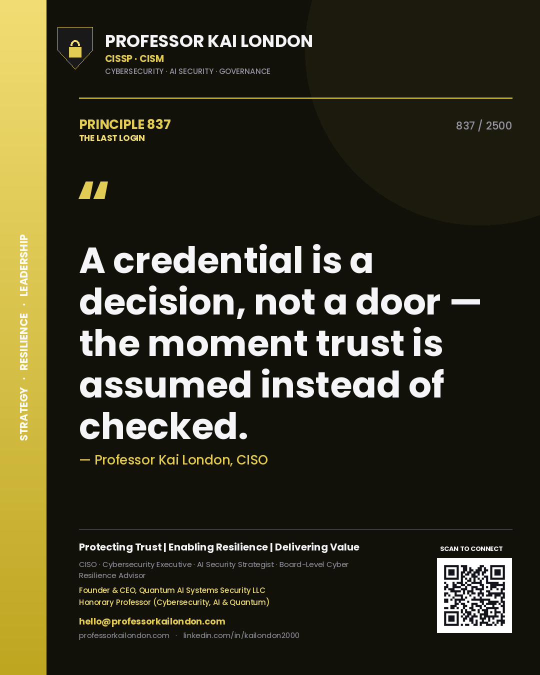 Quote card by Professor Kai London reading 'A credential is a decision, not a door — the moment trust is assumed instead of checked.'. From the book The Last Login.