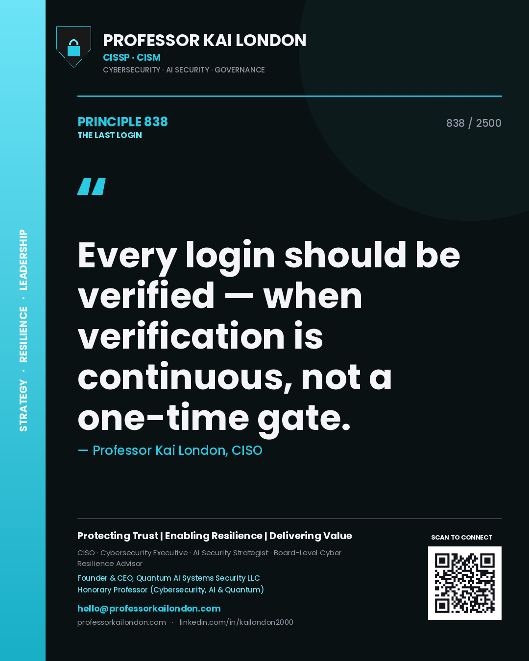 Quote card by Professor Kai London reading 'Every login should be verified — when verification is continuous, not a one-time gate.'. From the book The Last Login.