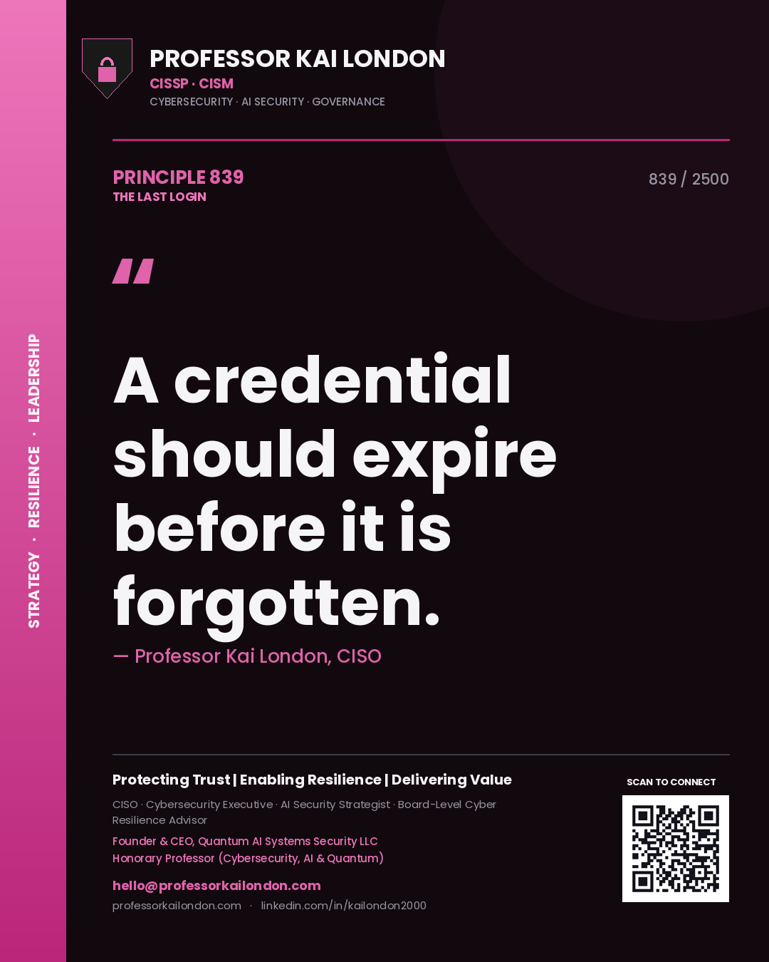 Quote card by Professor Kai London reading 'A credential should expire before it is forgotten.'. From the book The Last Login.