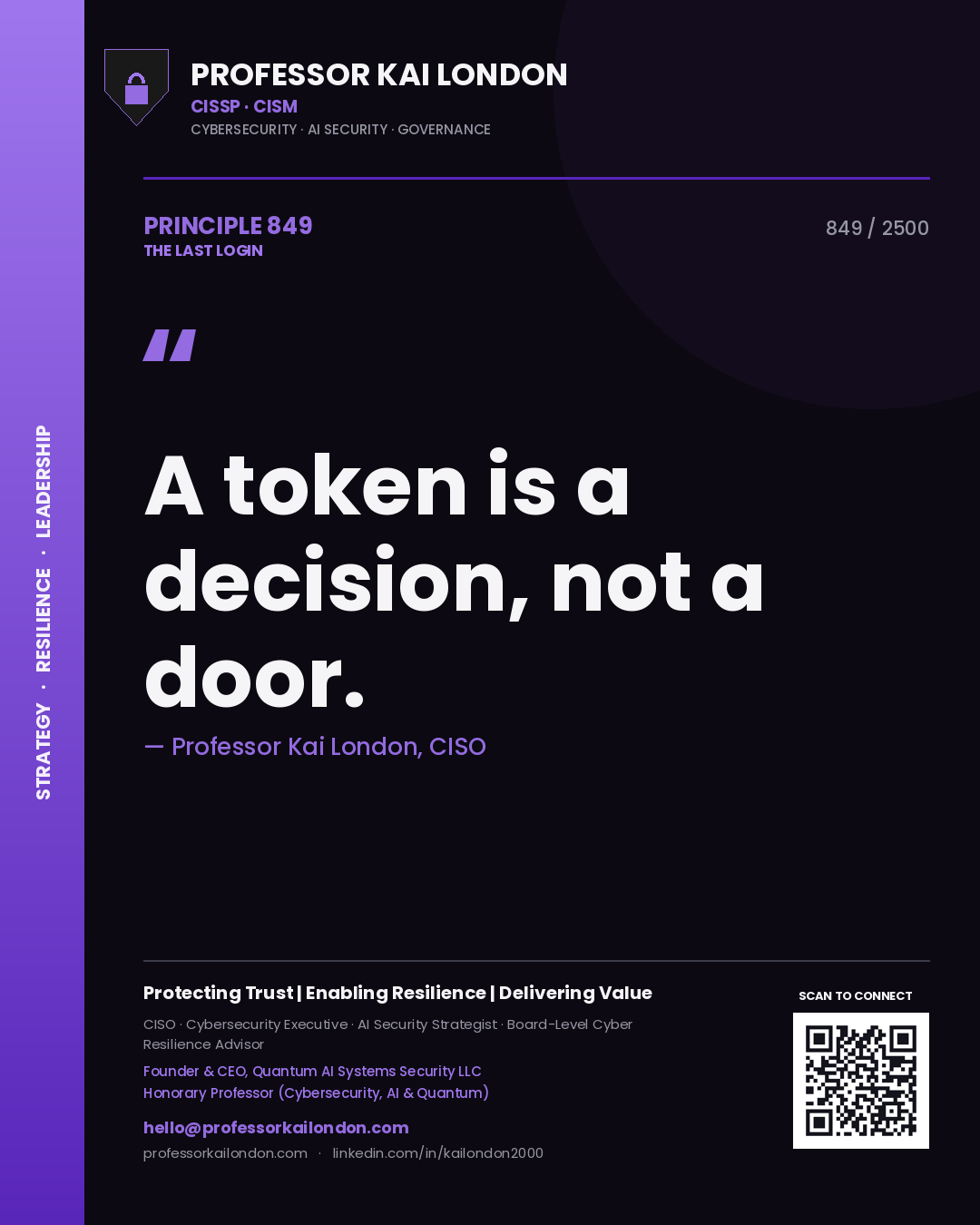 Quote card by Professor Kai London reading 'A token is a decision, not a door.'. From the book The Last Login.