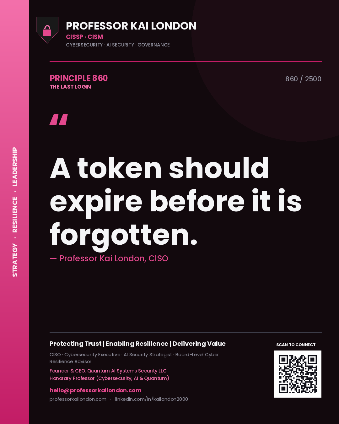 Quote card by Professor Kai London reading 'A token should expire before it is forgotten.'. From the book The Last Login.