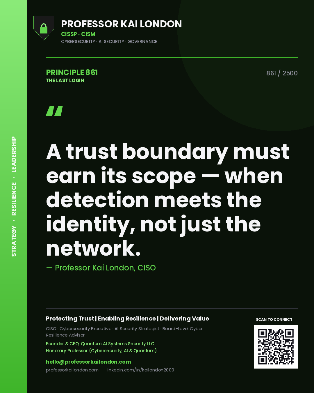 Professor Kai London principle 861: A trust boundary must earn its scope — when detection meets the identity, not just the network.